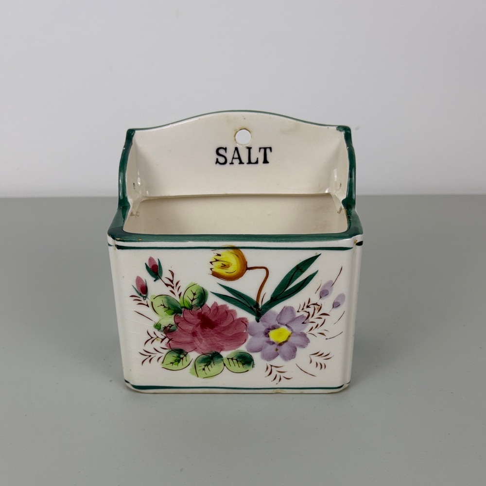 Hand-Painted Floral Ceramic Salt Box - White with Green Trim